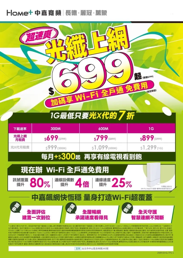 震撼優惠！中嘉寬頻｜長德 網路最低$699起，再享Wi-Fi全戶通免租用